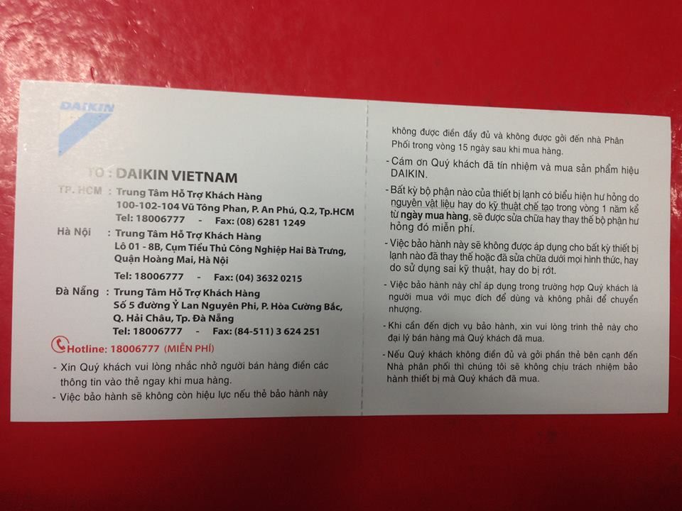 phiếu bảo hành điều hòa daikin chính hãng